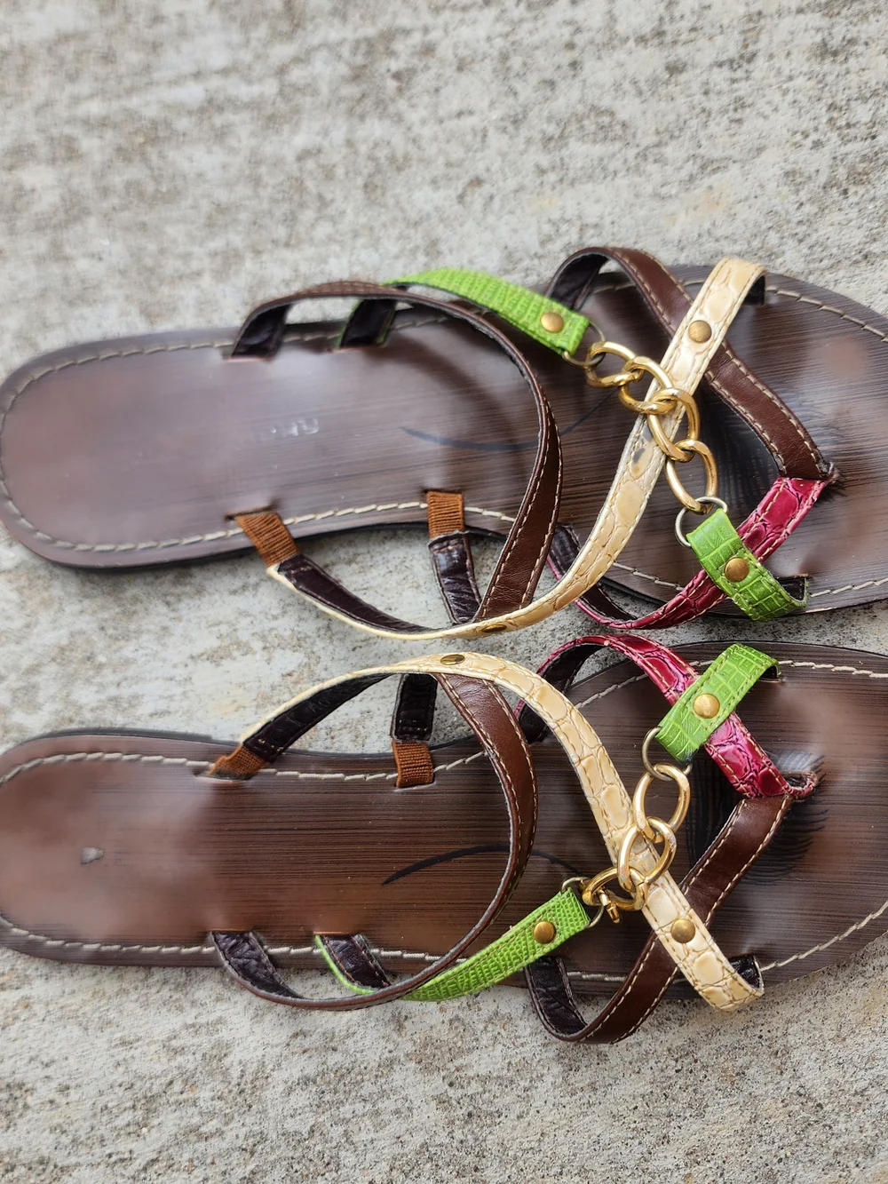 Y2K Brown Sandals with Green, Pink, Beige Straps and gold chain detail, Fits Sz